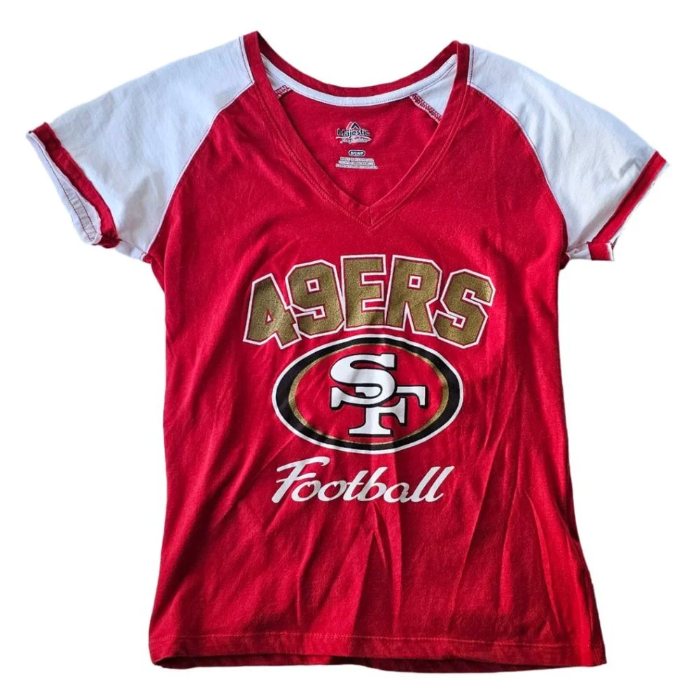 Majestic San Francisco 49ers V-Neck T-Shirt | EUC | Small | Red White Gold Black - Picture 1 of 7